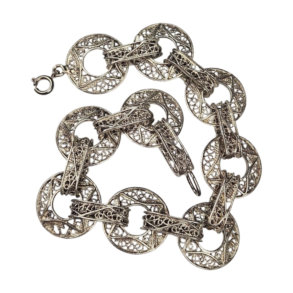 Egyptian 800 Silver Filigree Chain Bracelet Circle Link Ethnic Vintage 8.25"